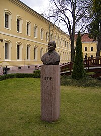 Selye János mellszobra Komáromban, a róla elnevezett egyetemnek otthont adó Tiszti pavilon udvarán